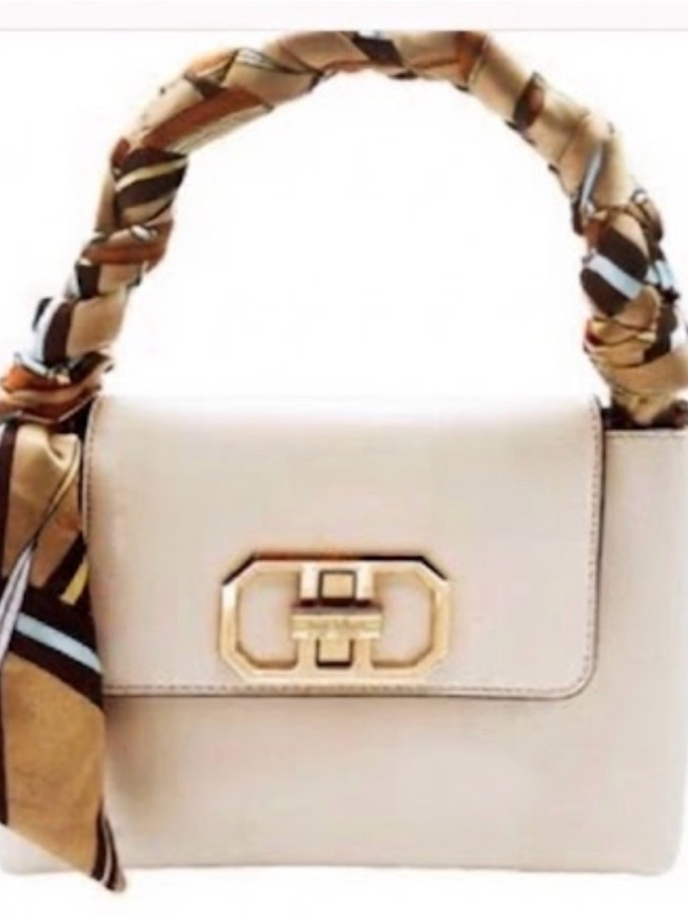Nicole Miller Cream Shoulder Bag with Gold-Tone Logo and Twisted Scarf Handle